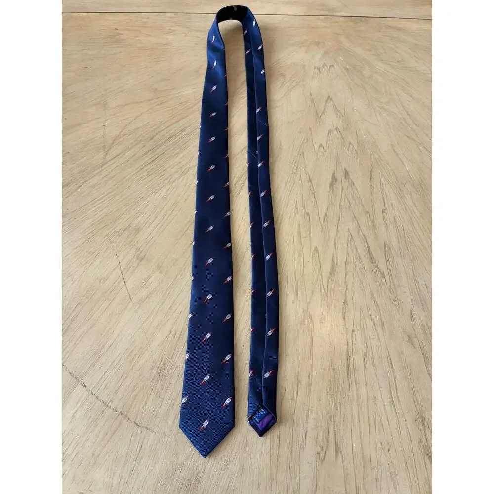 Men's Rocket Space Ship Skinny Tie Navy Blue Novelty NASA Cosmic Retro Moon